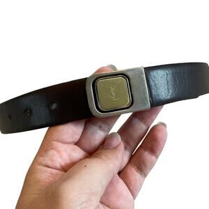 YSL Vintage Designer Saint Laurent Reversible Black & Brown Leather Belt Gold